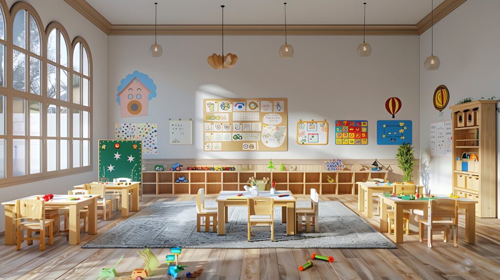 room with wall childrens drawings wooden table with picture house wall